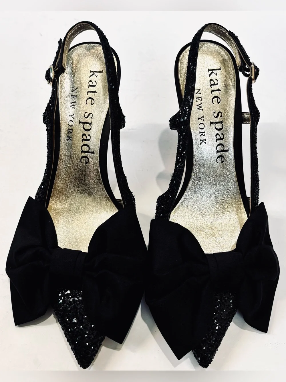 Kate Spade Sheela Black Glitter Silk Bow Slingback Pointed Toe Party Heel Pumps